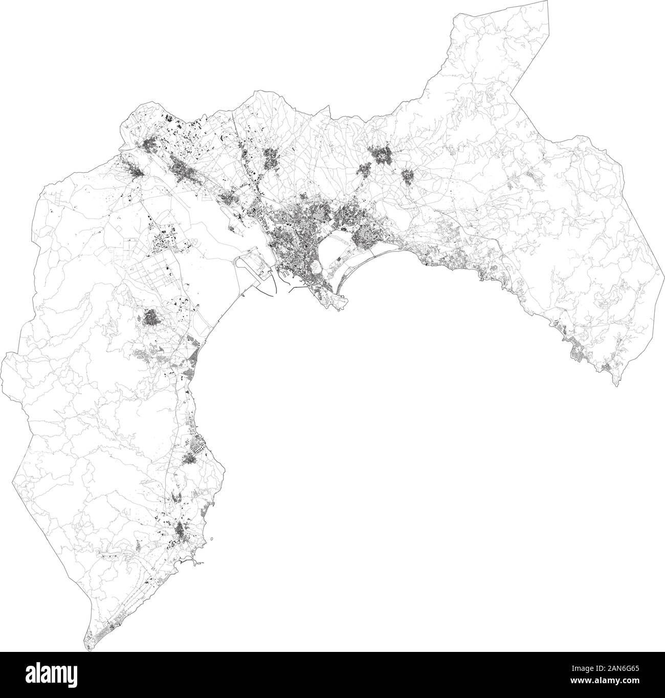 Sat-Karte der Provinz Cagliari Städte und Straßen, Gebäude und Straßen der Umgebung. Region Sardinien, Italien. Sardinien Stock Vektor