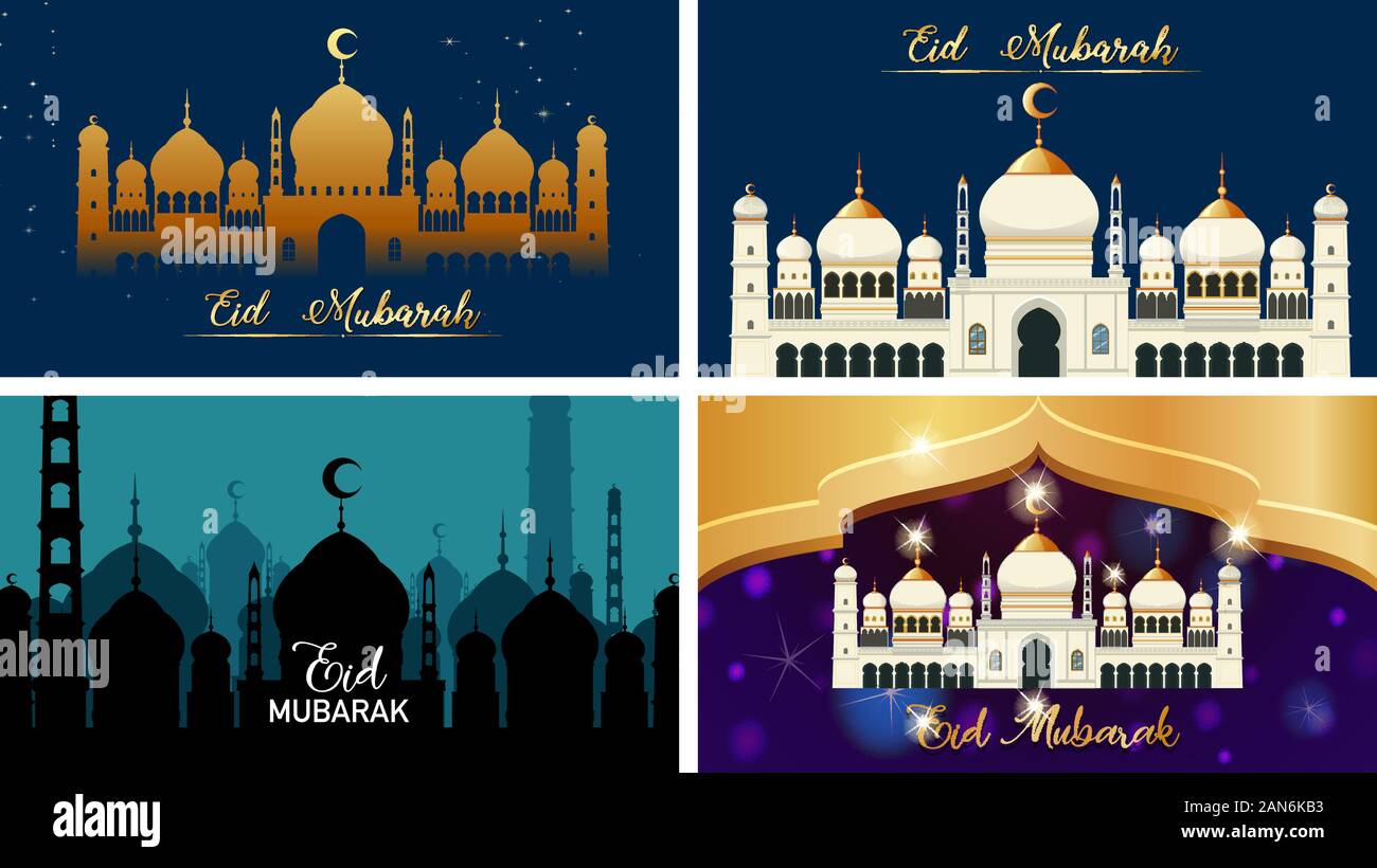 Vier Hintergründe für muslimische Festival Eid Mubarak Abbildung Stock Vektor