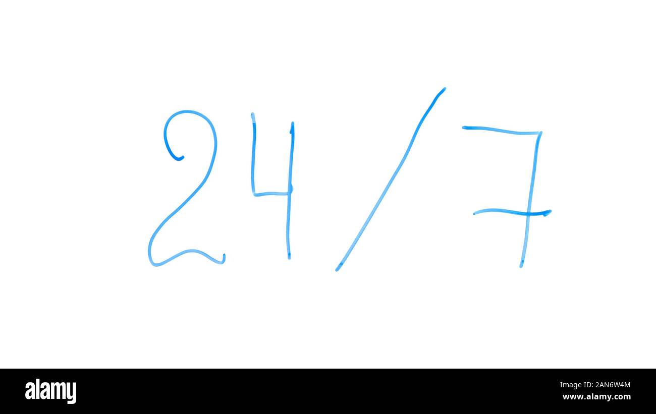 24 pro 7 auf Glas geschrieben, rund um die Uhr arbeiten, Unterstützung und Dienstleistungen, Modernisierung Stockfoto