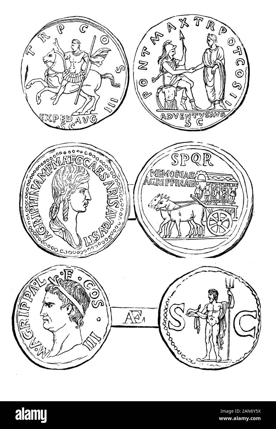 Antike römische Medaillen mit Marcus Agrippa Vipsanio römische Politiker und Agrippina die ältere Tochter und Frau des Germanicus prominente Allgemeine des Römischen Reiches. Stockfoto