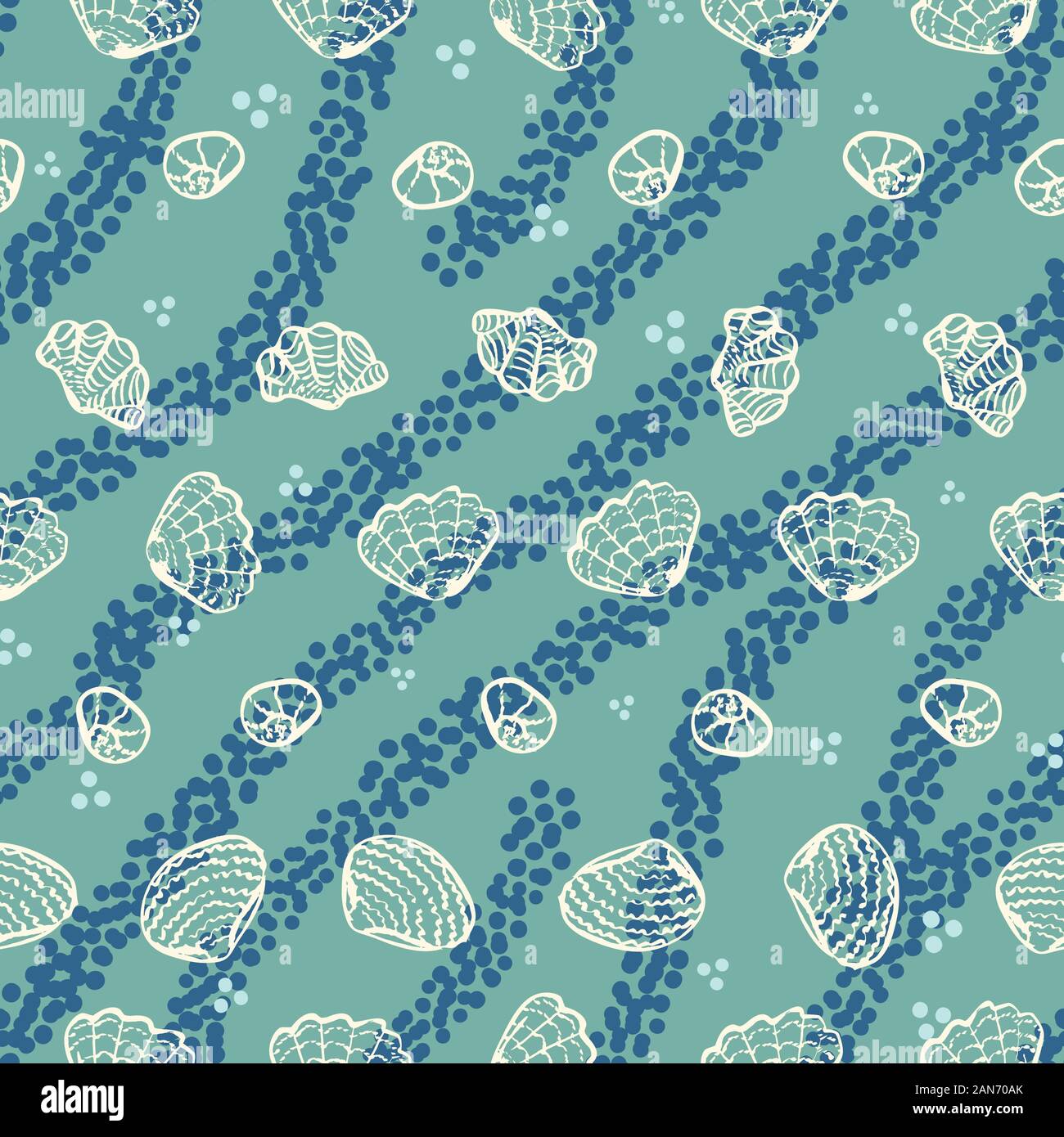 Die nahtlose Vektor Muster mit weißen Muscheln und blauen Streifen auf einem aqua grün Hintergrund Stock Vektor