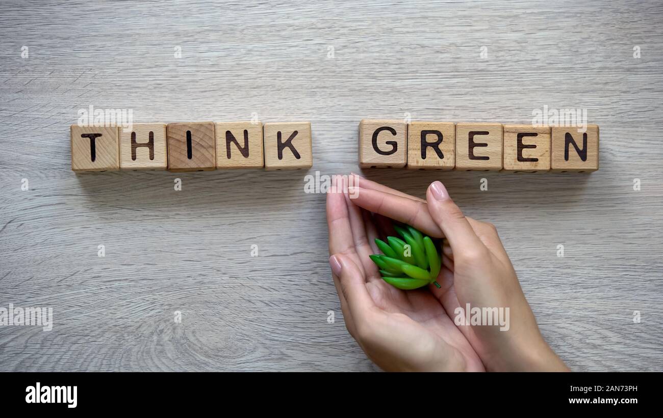 Think green Satz mit Würfel, Frau mit Werk in den Händen, Treibhausgase Stockfoto