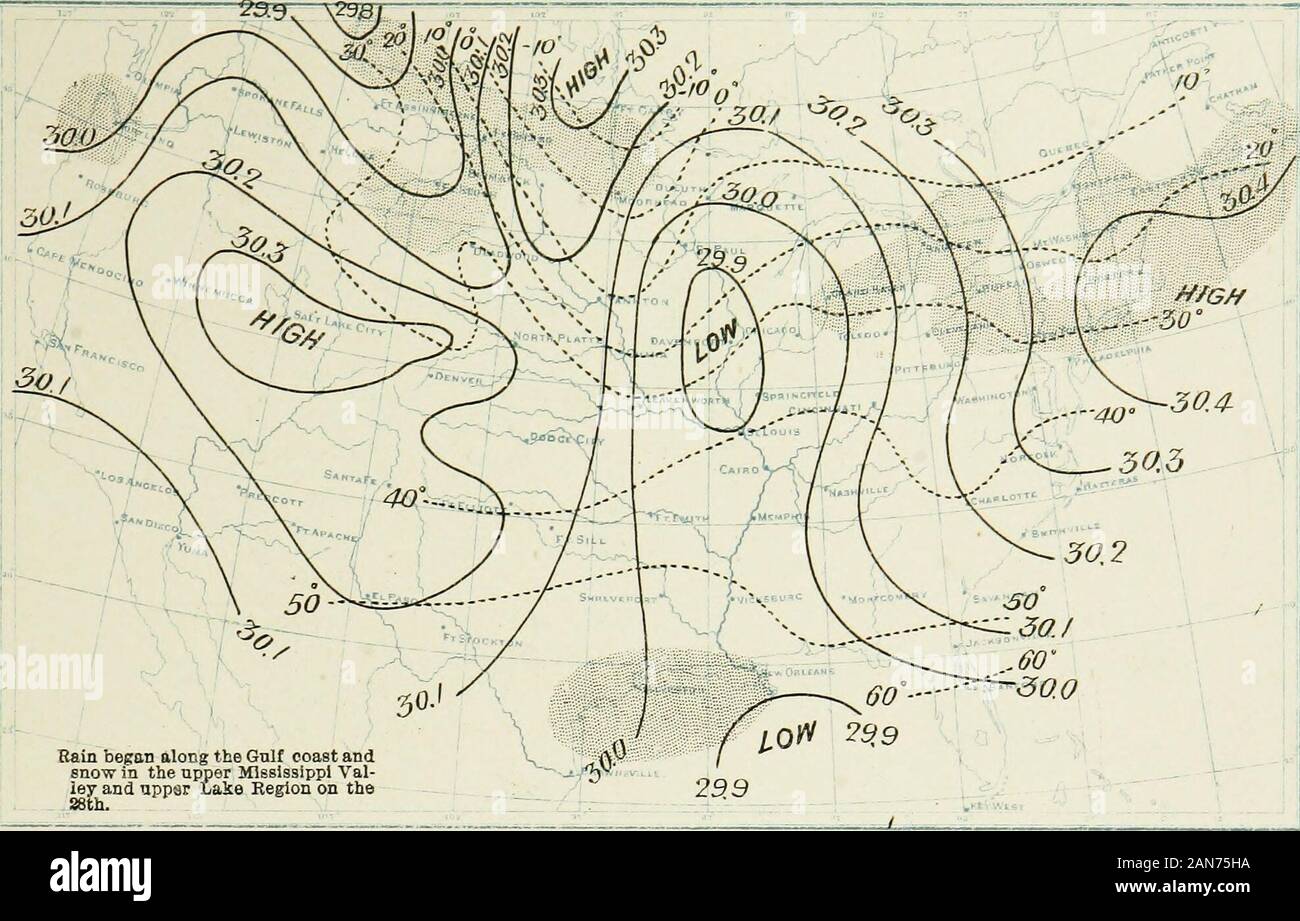 Studien von Wetter Typen und Stürme, die von Professoren und Prognose Beamten der Wetterdienst. Abbildung 17. Januar 28,1894 - 8 p.m.. Regen begann entlang der Küste Gnlf andsnow in der npper Mississippi Val-ley und uppOT Laie Region auf der OHABT 18. Januar 29,1894 - 8 a.m.. Stockfoto