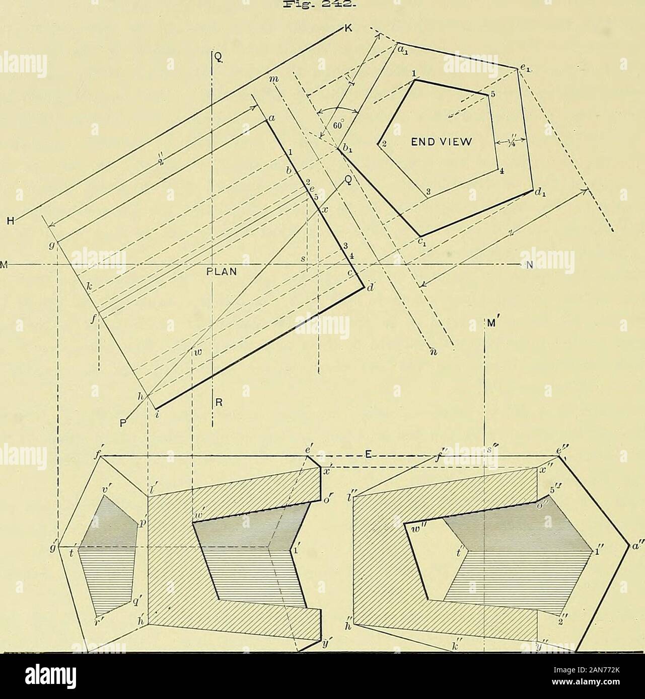 Praktische technische Zeichnung und Projektion, für Studenten in wissenschaftlichen, technischen und manuellen Training schulen und für. Zeichner.. . Theline ow hat parallel zu xl (zwei parallele Ebenen durch einen Dritten parallel Linie geschnitten sind, s); butfi-om-lo den inneren Rand des Abschnitts steht nicht parallel zu Ih, da PQ ist nicht das Schneiden einer verticalend, aber die geneigten, innere Oberfläche. Tlie andere Punkte kaum benötigen detaillierte Beschreibung, beingsimilarly gefunden. Tlie Seitenansicht ist gemäß dem Grundsatz in Artikel 396 beschriebene andsummarized in § 397 (b). MN vertre Stockfoto