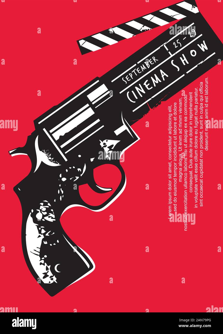 Kreative Film event Plakat mit gun Grafik und Klappe. Kino Flyer Design auf rotem Hintergrund. Filmindustrie Thema. Stock Vektor