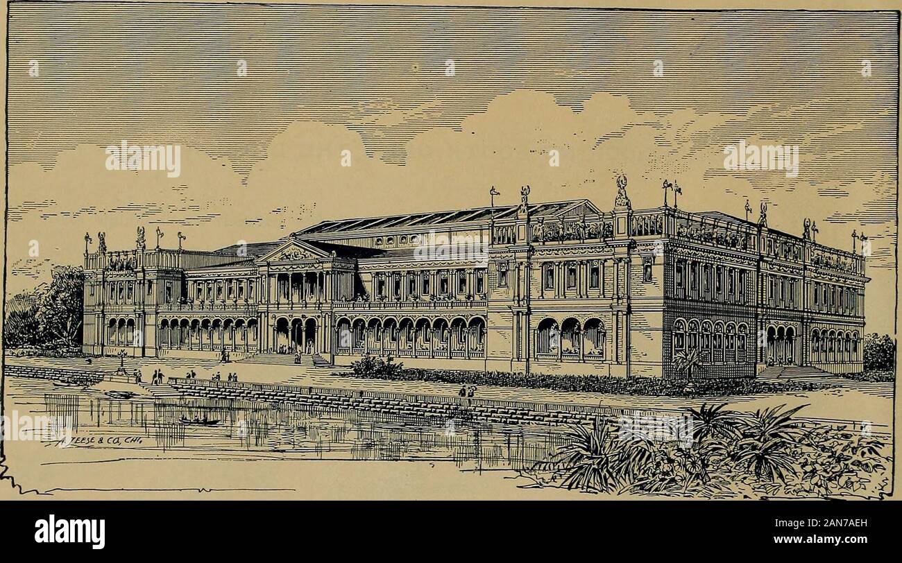 Kunst der Erinnerung World Columbian Exposition und Blick auf Chicago. Blick nach Süden über den Blick auf die Lagune iioo^ ihg sooth oVe ^Die liAGOOfl. Diese Ansicht wird genommen Blick nach Süden über die Lagune, in der die Gebäude forManufactures und Strom liegt. Diese Lagune überquert die Great Basin und beendet beyondthe zweite Brücke am Obelisken und Brunnen. Auf der extremen Rechten des Bildes einen Teil östlich des Front- und einer der Türme der elektrischen Gebäude sichtbar sind. Auf der extremen Leftis eine Ecke der Westfront des fertigt Gebäude gesehen, und gegenüber diesem und über theb Stockfoto