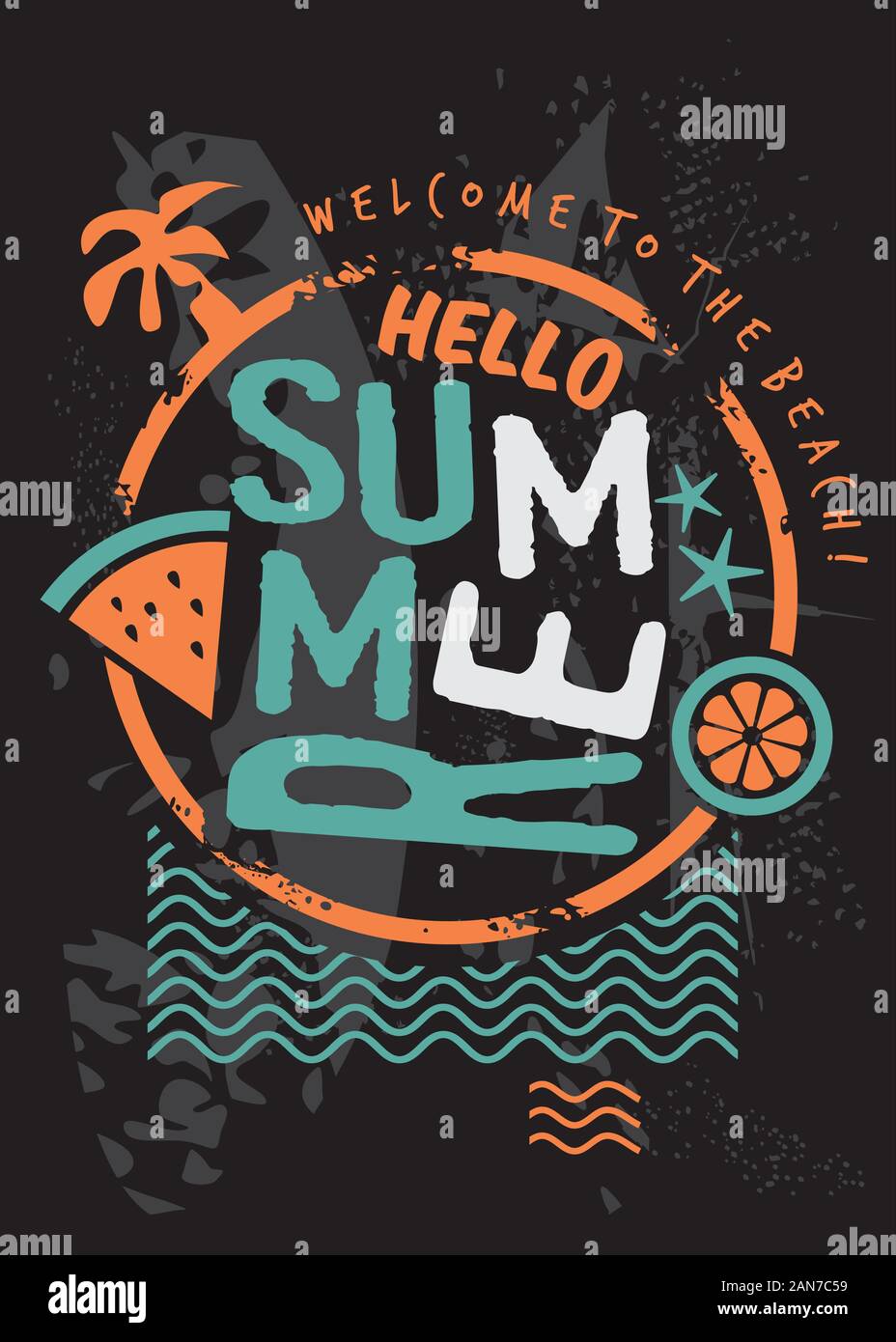 Hallo Sommer retro t shirt design Vorlage mit Wellen im Meer Palme und saisonale Sommer Früchte. Sonne, Strand und Meer kreative Banner oder Karte Idee. Stock Vektor