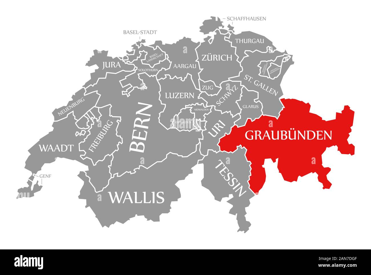 Graubünden rot markiert in Karte der Schweiz Stockfoto