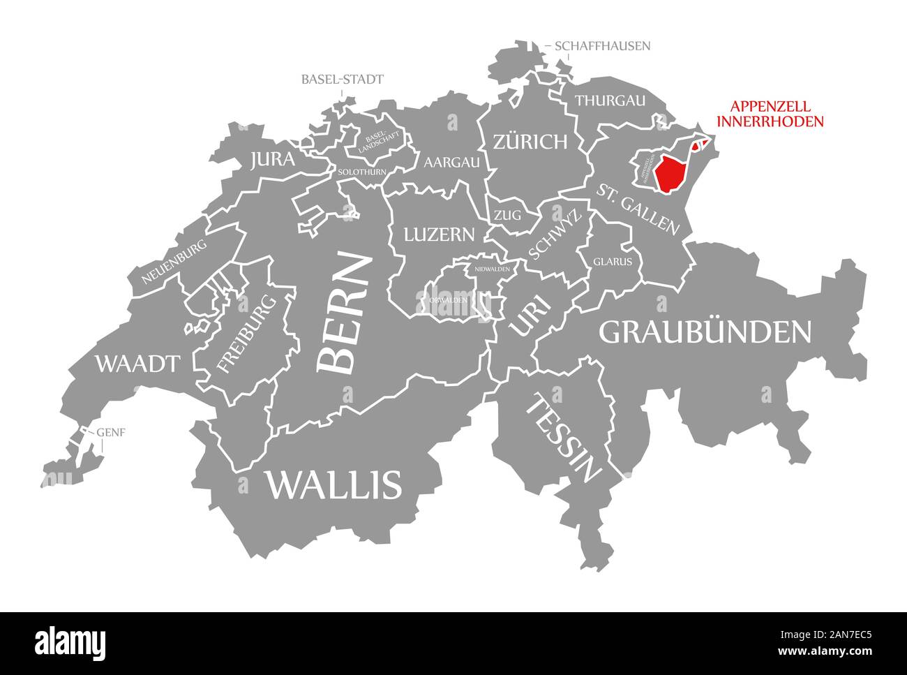 Appenzell Innerrhoden rot markiert in Karte der Schweiz Stockfoto