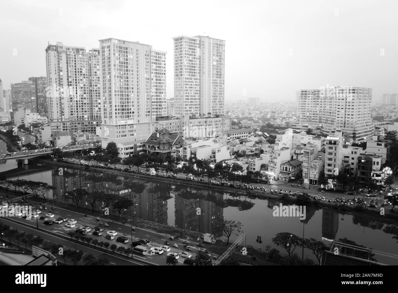 Stadt Saigon, Vietnam (Ho Chi Minh City). Schwarz und Weiß, Erhöhte Ansicht. Stockfoto