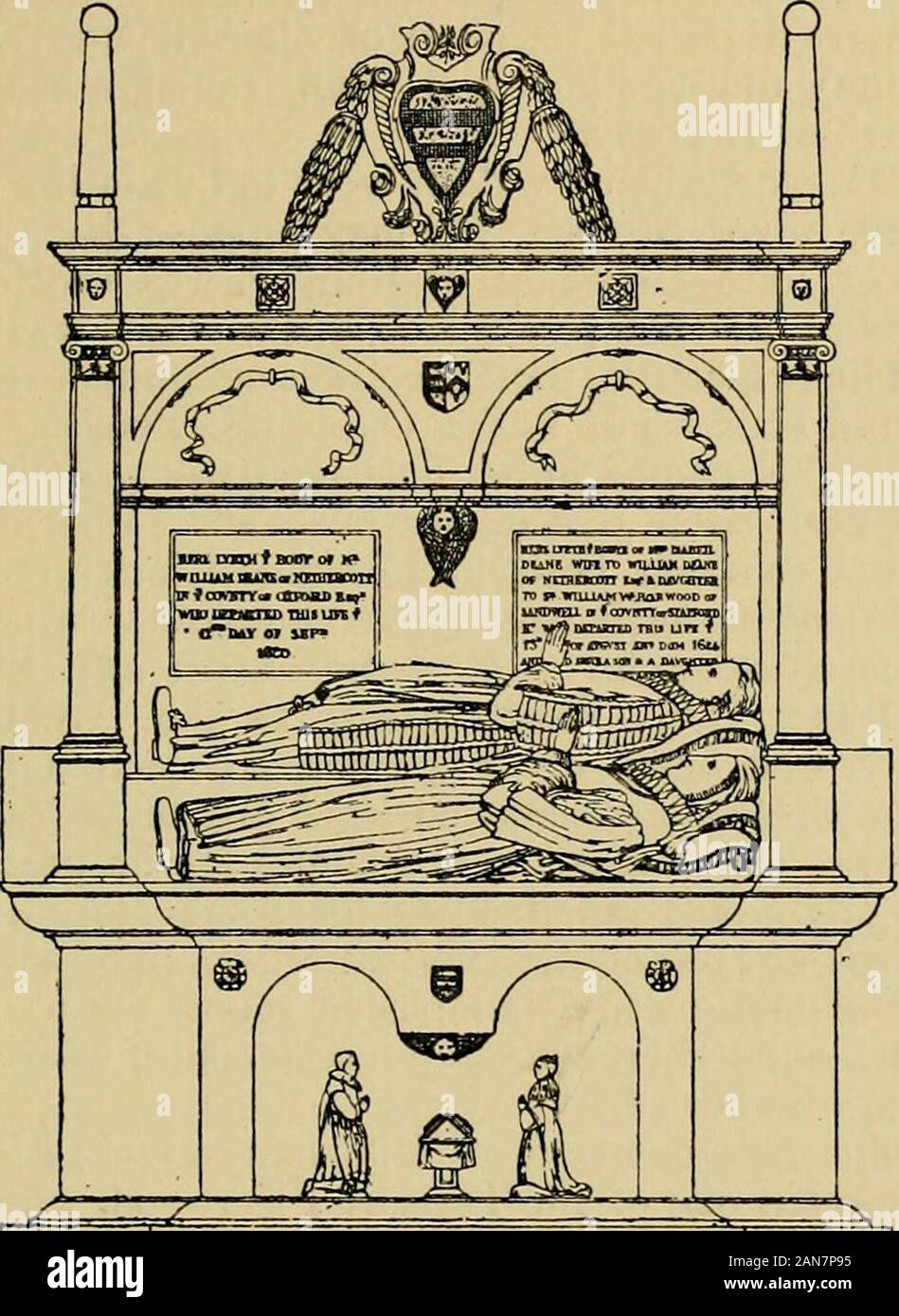 Das Buch von Dene, Deane, AdeaneA genealogische Geschichte. Eigentum an seine Brüder, Thomas und John und seinem Schwiegersohn, Henry Shrimpton. Im Jahre 1592 finden wir eine Juliana Bates, a/j Deane, a/^ Shrimpton, der Großen Marlow. Es war auch ein John Deen, der GreatMarlow, 1557 (siehe Mattingley). 1620 Silvester Deane, der Coleshill, in der Nähe von Amersham, links eine Farm an Penn zu seinem Sohn Robert, und zu Johannes, der sonof mein Sohn John. Der Rückstand auf seinen Sohn William. William Deane, von Amersham, heiratete Elizabeth Leigh, oder Lee, eines Zweiges der Familie Stoneleigh (pedigree inMSS. British Museum). Seine beiden Söhne in der Herald benannt Stockfoto