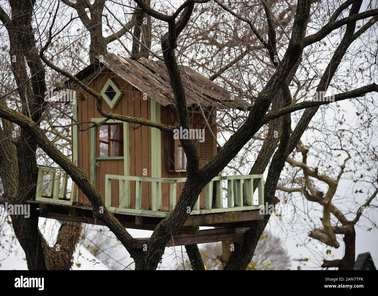 Tree House, eingesetzt als Dekoration an die Mühle der Elfen, einen Weihnachtsbasar in Trikala, Griechenland statt. Stockfoto