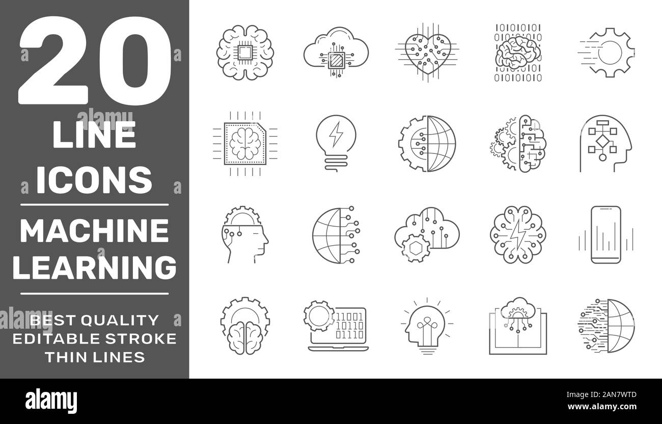 Maschinelles Lernen einfache Konzept Symbole gesetzt. Enthält solche Symbole wie Data Mining, Algorithmus, Klassifizierung, AI und vieles mehr. Verwendet für Web, Logo, UI UX Stock Vektor