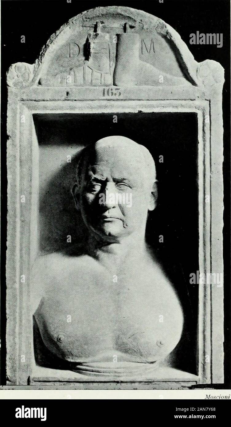 Römische Skulptur von Augustus zu Konstantin. leiden. Der hisdaughter Domitia, der die Frau wurde der EmperorDomitian, es gibt eine charmante und ziemlich authenticpoitrait unter den Kaiserbüsten der gleichen Sammlung (Helbig, S. 314, Nr. 25; Bernoulli, II, 2, Platte XX). 2. Flavian Portraitmalerei - die Büste der iucludes Shouldersand der Brust-Linie wie in der Platte CXIV.- bereits underNero die Büste neigt, in der Größe zu erhöhen - und unter theFlavian Dynastie die Geburt des shouldere und thepectoral Linie dargestellt, wie im Porträt in der BritishMuseum (Nr. 1872), Fehlbenannten Marcus Junius Bru Stockfoto