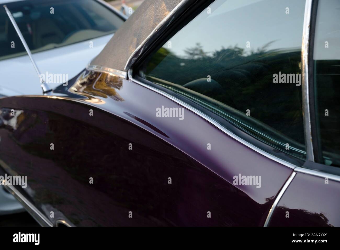 Heckscheibe und kurvig Tür Details einer purple Classic American Auto auf der Straße Stockfoto