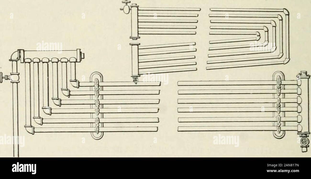 Heizung und Lüftung von Gebäuden: ein Handbuch für Heizung Ingenieure und Architekten. Abb. 92.- Return-Con biegen.. Abb. 93. - Abzweig-T-Stück Mitre Spule und Return-Spule. Wenn zwei Verbindungen werden verwendet, um den Dampf sollte suppliedat der höchste Punkt der Spule und der Rückkehr aus am niedrigsten; wenn eine Verbindung, ein Dampfbad ist am tiefsten Punkt - Die horizontalen Teil sollte ein Heizkörper und HEIZFLÄCHEN gegeben werden versorgt werden. 139 Tonhöhe von einem Zoll in zehn oder zwölf Füße, und ein Ventil oder cockshould Zu jeder Spule angeschlossen werden. Wenn mehrere return-bendcoils werden gruppiert, wie in Abb. 94, die Stockfoto