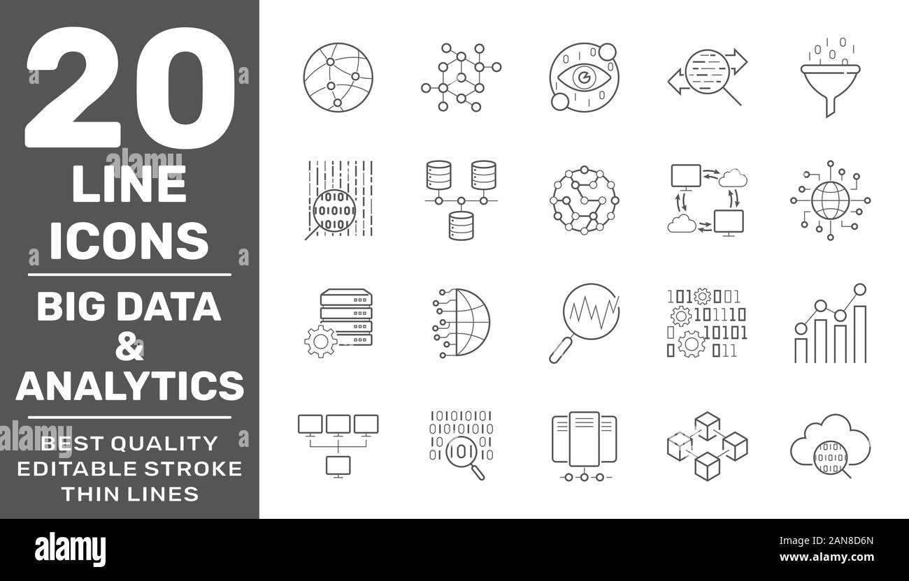 Grosse Daten und Datenanalyse vektor Zeile für Symbole, minimale Piktogramm Design. Editierbare Schlaganfall. EPS 10. Stock Vektor