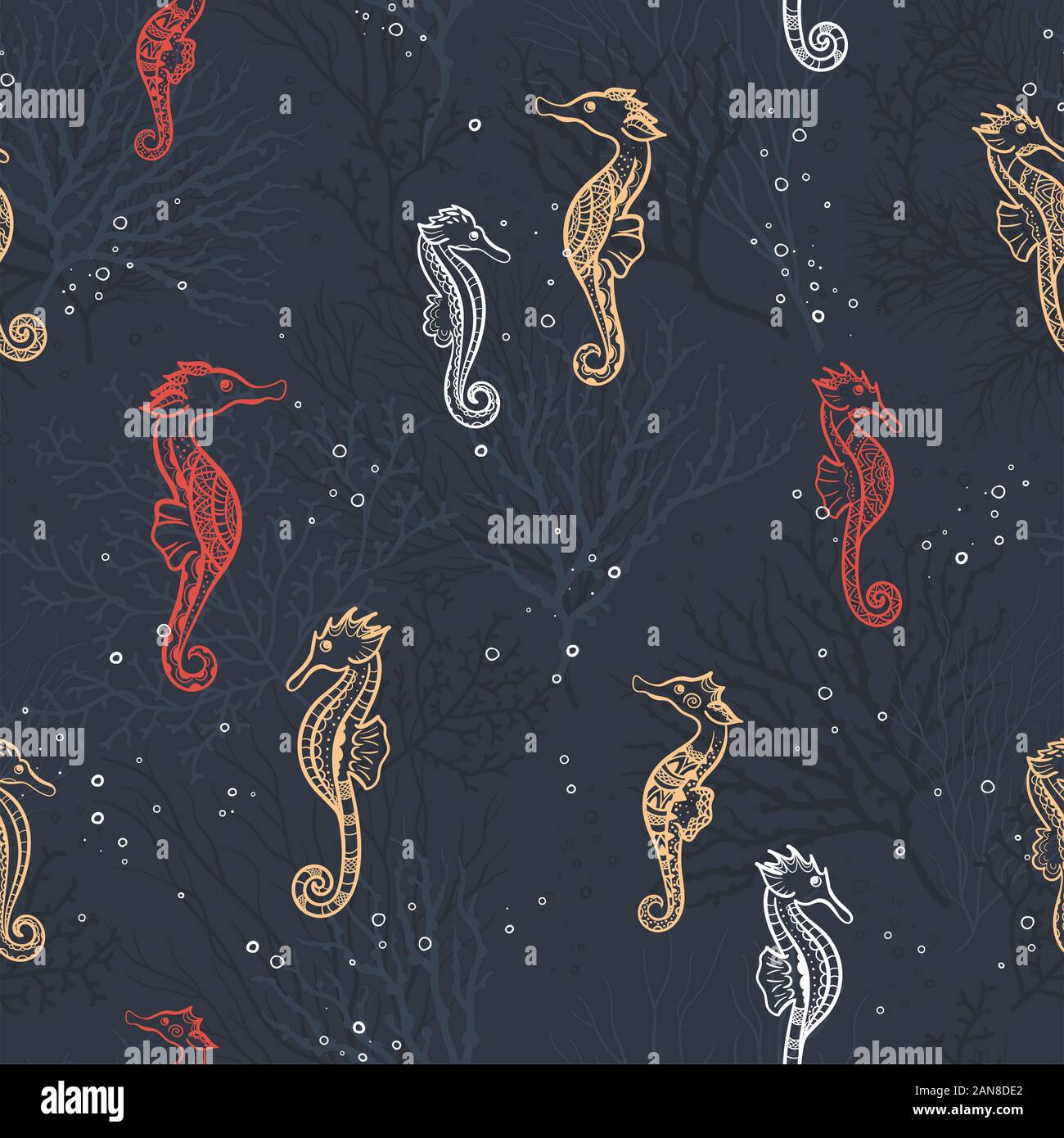 Süße Hand gezeichnet verzierten Seepferdchen nahtlose Muster, unterwasser Thema Hintergrund, super für Gewebe, Banner, Wallpaper, Umwickeln - vektor design Stockfoto