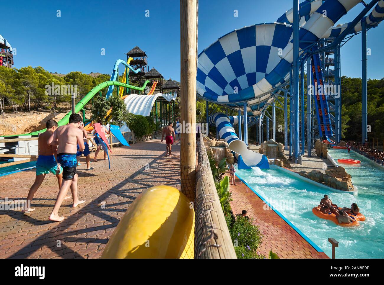 The Big-Bang, Splash and Cyclone water rides in Aqualandia waterpark. Benidorm. Alicante. Spain. Stockfoto