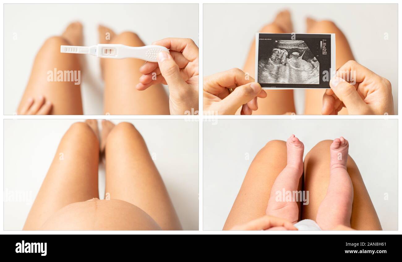 Collage aus vier Bilder der Frau in den verschiedenen Phasen der Schwangerschaft Stockfoto