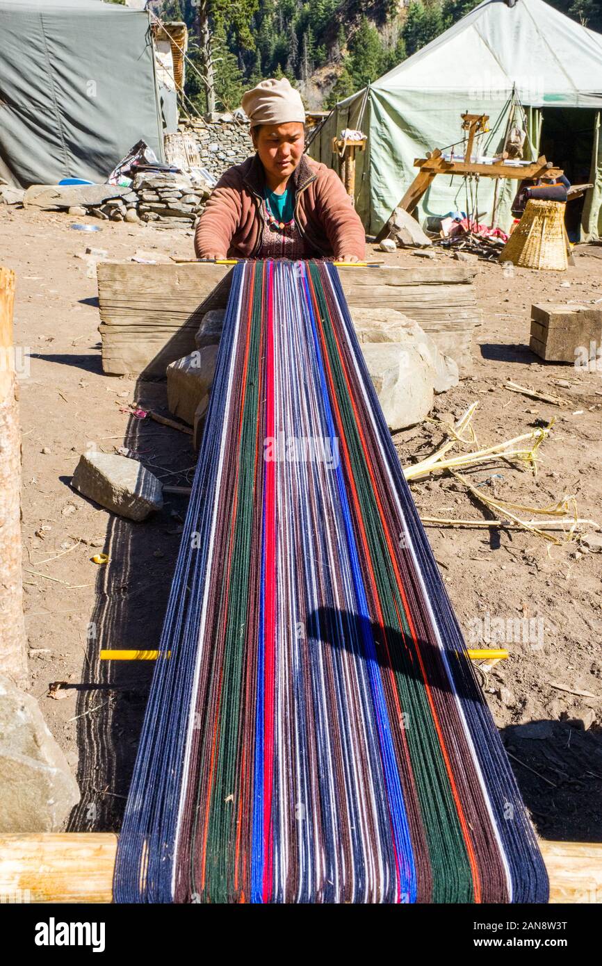 Tibeterin, die ein traditionelles Muster weberte, Dolpo, Nepal Stockfoto