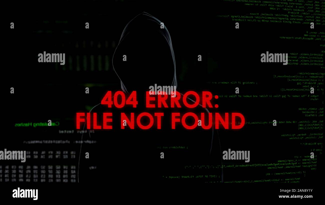 Datei nicht gefunden Fehler Phrase, erfolglosen hacking Versuch, männliche Coder nicht Stockfoto