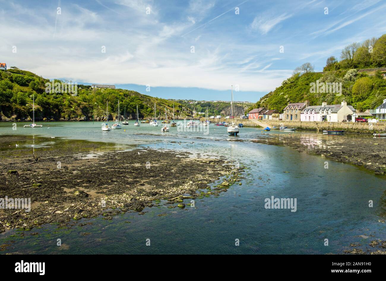 Unterer Fischschutz, auch Abergwaun genannt, an einem Sommertag an der Nordküste Pembrokeshire bei Fishguard. Teile von Under Milk Wood wurden hier gefilmt. Stockfoto