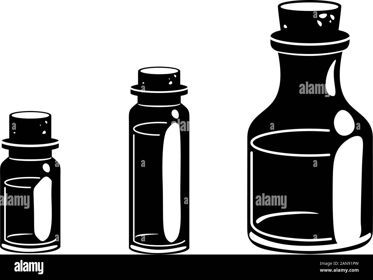 Glyphe drei Fläschchen Symbol. Massage Öl für Beauty Spa Salon. Wesentliche Duft Aromatherapie schwarze Silhouetten. Wellness Parfüm. Medizinische ayurveda isoliert Vektor Piktogramm. Stock Vektor