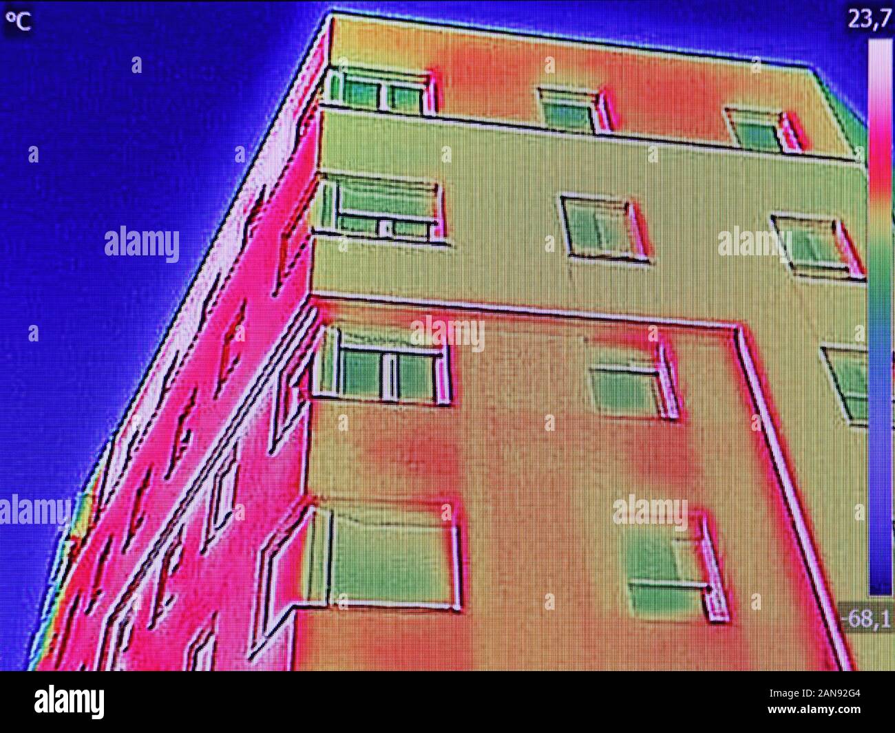 Wärmebild Wärmeverlust in das Wohngebäude Stockfoto