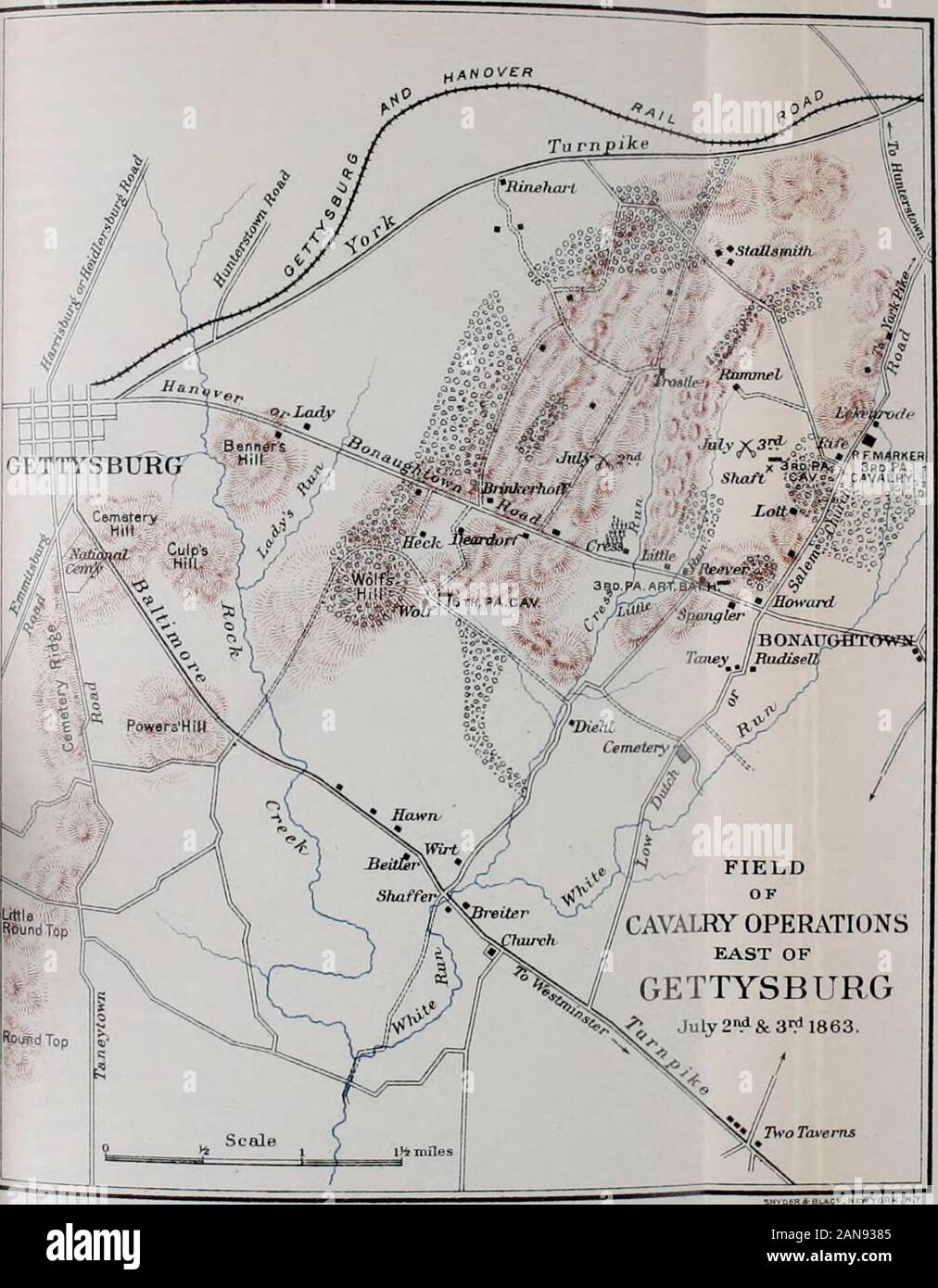 Pennsylvania bei Gettysburg: Zeremonien bei der Einweihung der Denkmäler, die von der Commonwealth von Pennsylvania errichtet zum Major General George GMeade, Major General Winfield SHancock, Major General John FReynolds und die Positionen der Pennsylvania Befehle in der Schlacht ein zu markieren. •. • Pennsylvanicu bei Gettysburg. 823 aber nach einer kurzen Pause wurde wieder in Gang zu setzen, und wurde aktiv en-gerückt zu beobachten, die Bewegungen der Konföderierten Armee gehalten. Am 9. Juni die Kavallerie thof Schlacht von Brandy Station gekämpft wurde, und der intendedinvasion von Maryland und Pennsylvania entdeckt wurde, thro Stockfoto