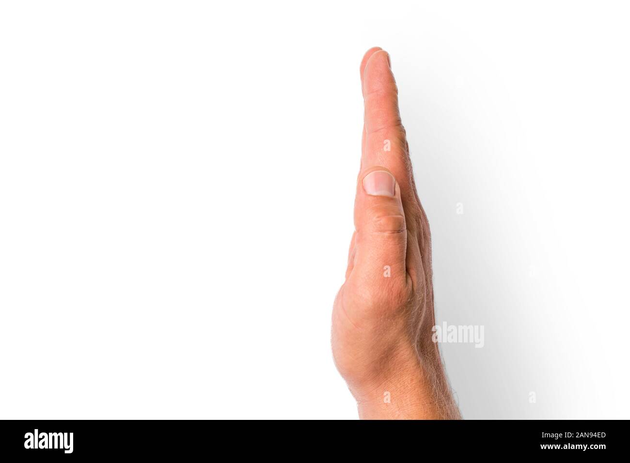 Hand mit einer Stopp- oder schwören Geste auf weißem Hintergrund als Vorlage Stockfoto