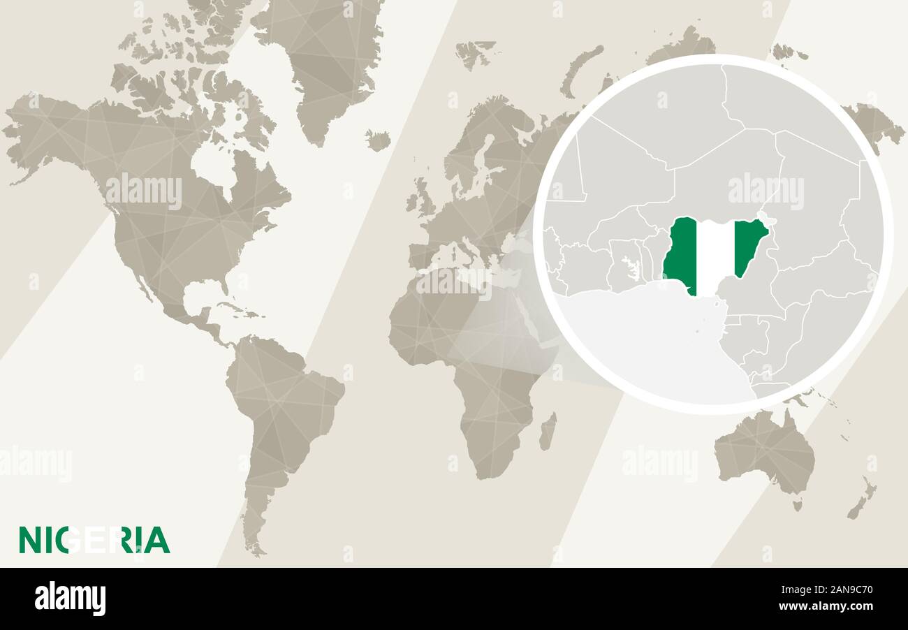 Zoom auf Nigeria Karte und Flagge. Weltkarte. Stock Vektor