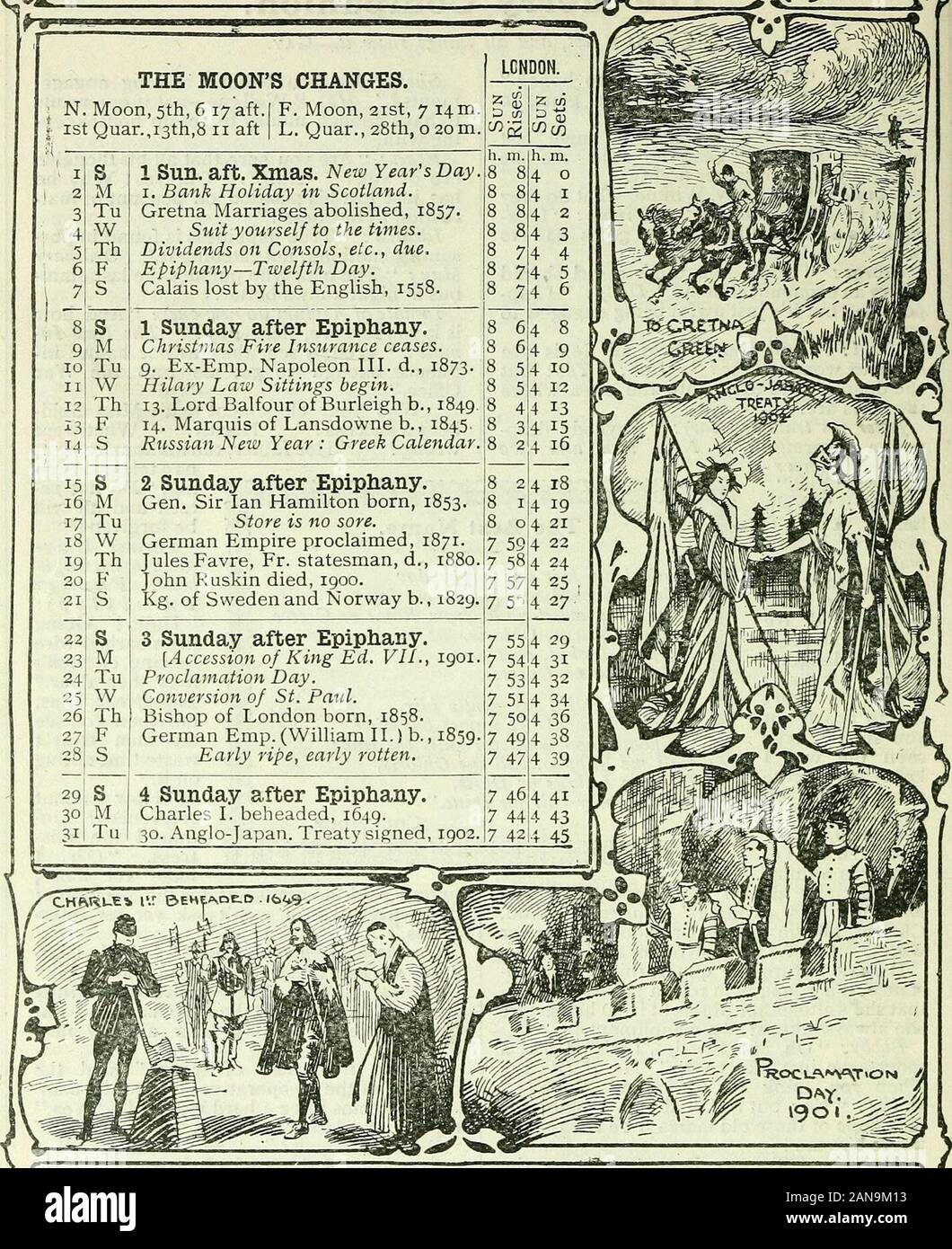 Die forfar Verzeichnis und Jahrbuch 1905. 4 04 E 4 24 34 44 54 6 89 IDII 12^3 14 S M Tu W Th F S S M Tu W Th F S S M Tu W Th F S S MTu 1 Sonntag nach Epiphanie. Weihnachten Brand Insuyance erlischt. 9. Ex-Emp. Napoleon III. d., 1873. Hilary Gesetz Sitzungen beginnen. 13. Lord Balfour von Burleigh b., 1849. 14. Marquis von Lansdowne b., 1845, Russisch neues Jahr: Griechische Kalender. 4 84 94 104 124 134 154 16 15161718 192021 2 Sonntag nach Epiphanie. General Sir Ian Hamilton, geboren 1853. Store ist keine Wunde. Deutsche Reich proklamiert, 1871. Jules Favre, Fr. Staatsmann, d., 1880. John Ruskin starb 1900. Kg. von Schweden und Norwegen b., 182 Stockfoto