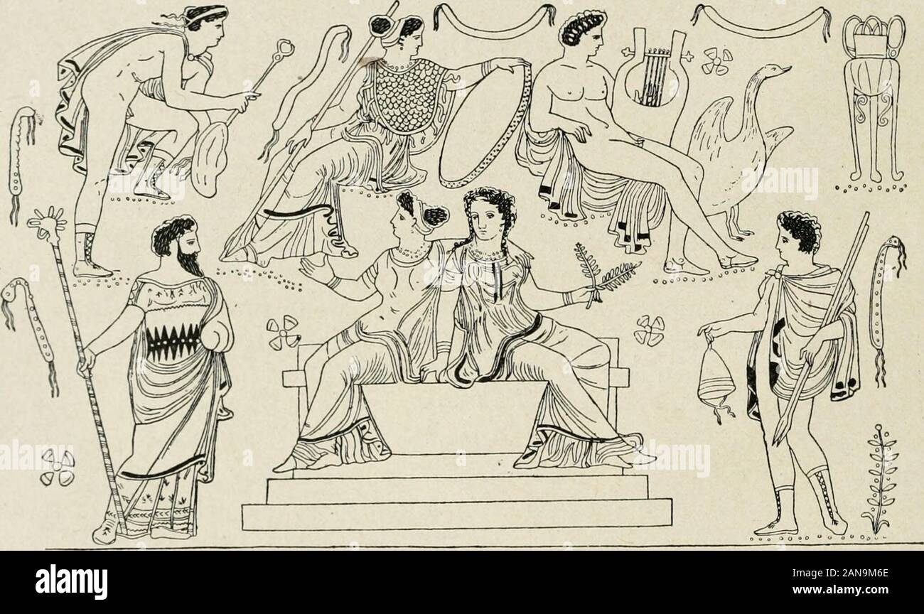 Archaeologische Hermeneutik; Anleitung zur Deutung klassischer Bildwerke. aben wir es früher auf der Medeia- und derThersitesvase (Abb. 130. 214) angebracht gefunden. Der König, so wenigwie auf der zweiten Vase im Theaterkostüm, hat sein mit einem Adler sein Zepter kröntes weggeworfen ebenso wie der Jüngling-Stab, zugleichaber-Schild. Bedeutsam ist, daß der König bereits das Gezückte 24*372 Falsch Gedeutetes, Ungedeutetes, Undeutbares, und warum? Schwert hält, 5/6 der Fremde das seine Forst aus der Scheide zieht. Der Herrscher auch ist es, der vom Wortgefecht zu Handgreiflichke Stockfoto
