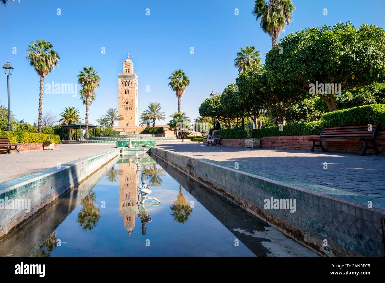Koutoubia Moschee aus dem 12. Jahrhundert in der Altstadt von Marrakesch, Marokko Stockfoto