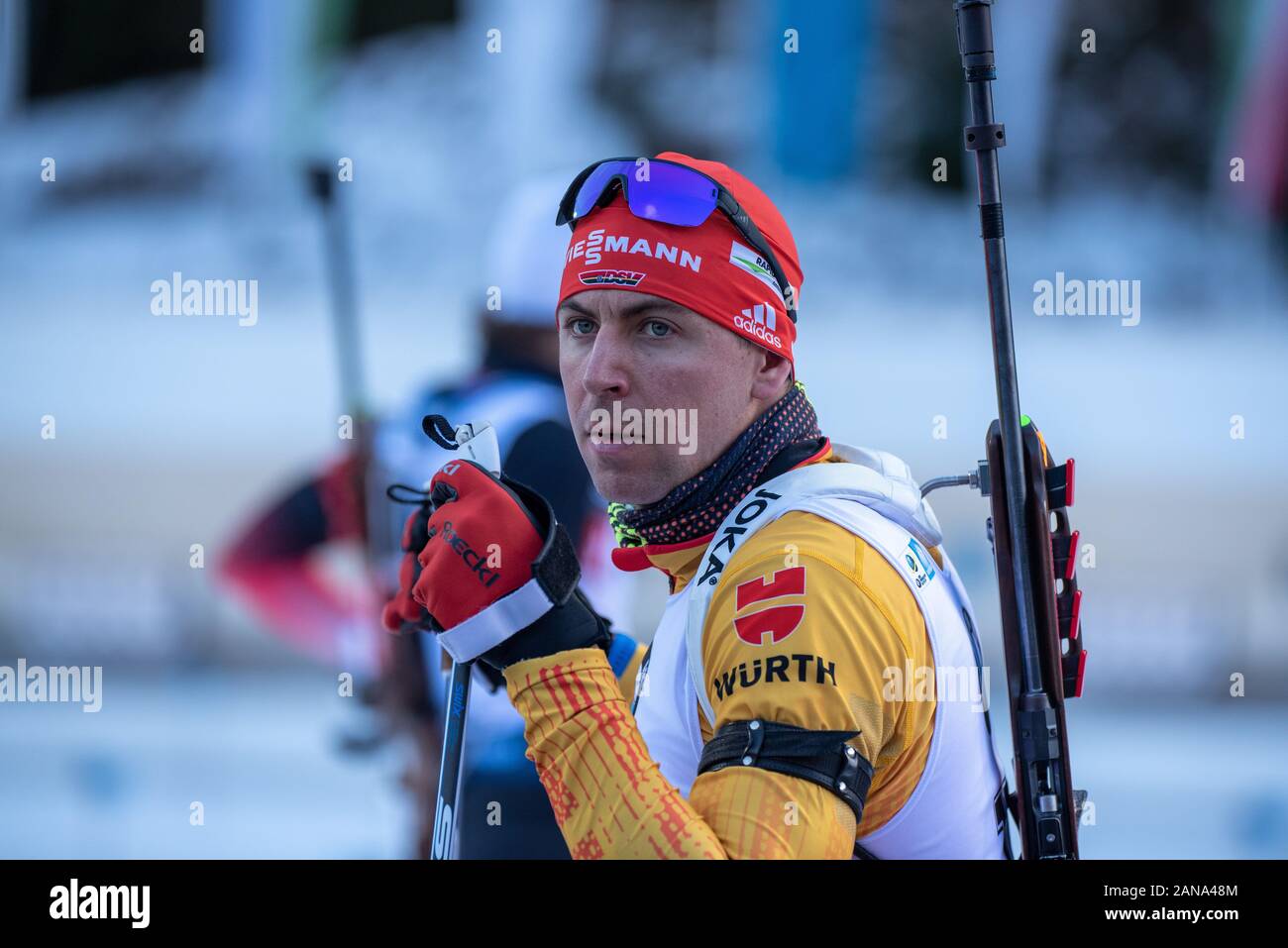 RUHPOLDING, Deutschland - Januar 16: Philipp Nawrath Deutschlands bei den IBU Weltcup Biathlon, Mann 10 km Sprint in der Chiemgau Arena am Januar 16, 2020 in Ruhpolding, Deutschland. (Foto: Horst Ettensberger/ESPA-Bilder) Stockfoto