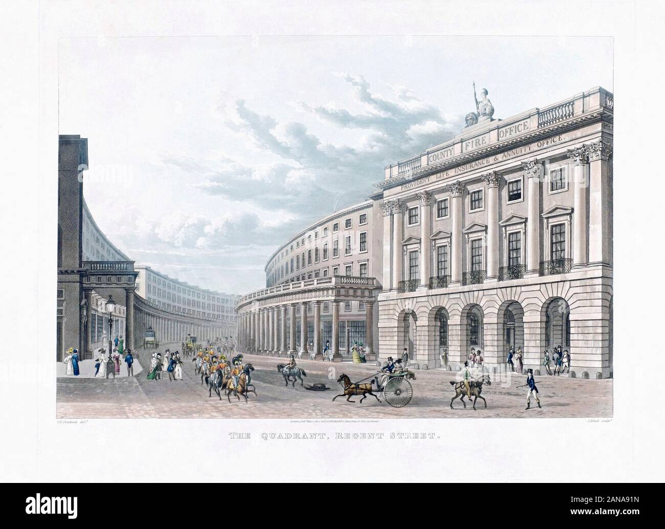 Die Quadranten auf der Regent Street und der County Fire Office, London, England. Nach einer Arbeit vom Jahre 1822. Später einfärben. Stockfoto