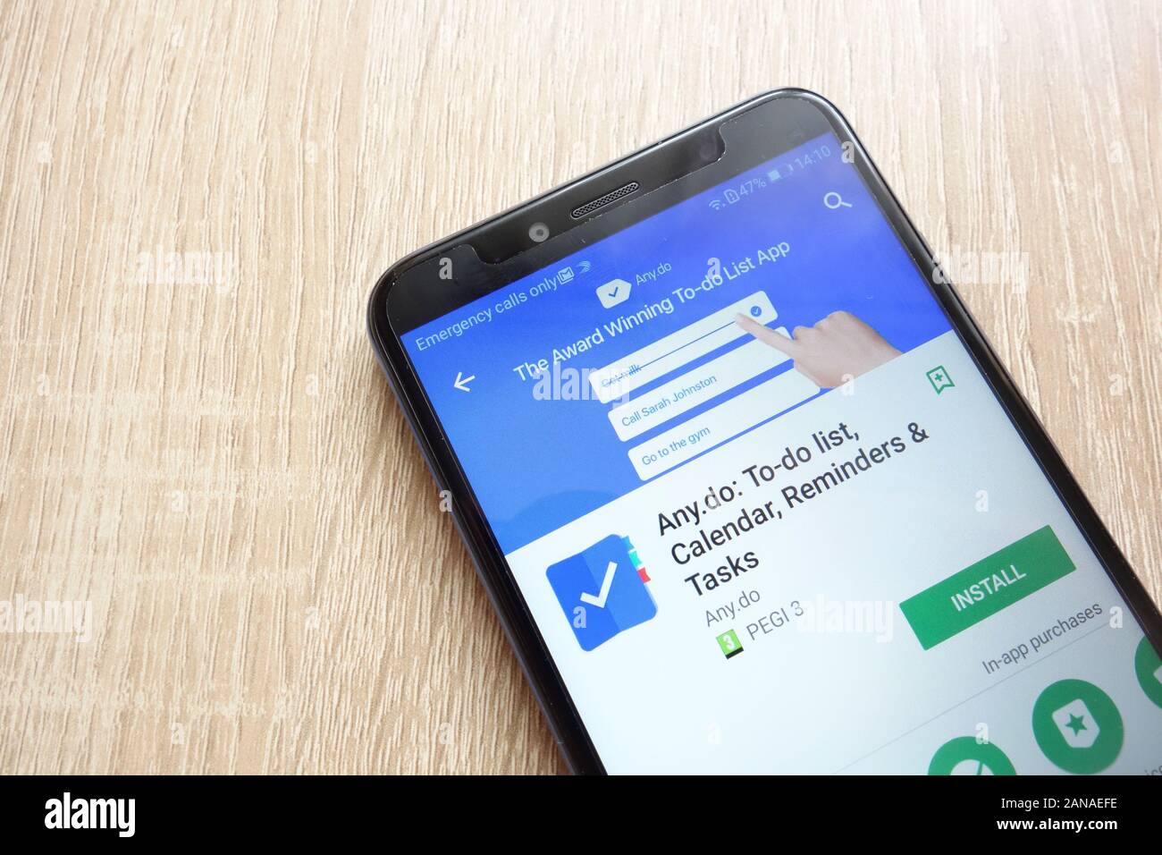 Jede. Tun: Aufgabenliste, um Kalender, Erinnerung und Aufgaben App bei Google Website spielen Store angezeigt auf Huawei Y6 2018-Smartphone Stockfoto