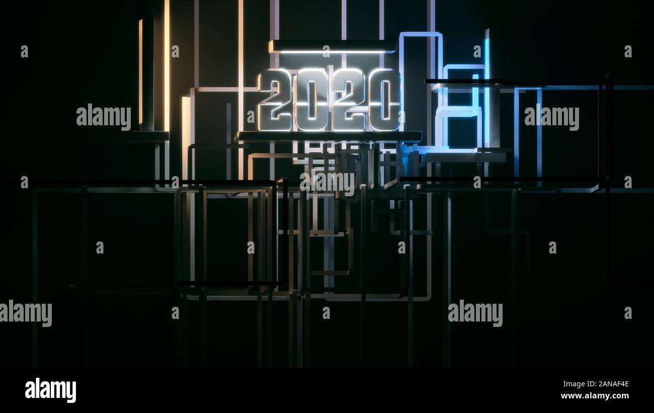 2020 Neue Jahr text Design von Stahl und umgeben Rohrnetz auf futuristische High-Tech-sonstruction Website grafik hintergrund Kommunikation Struktur Stockfoto
