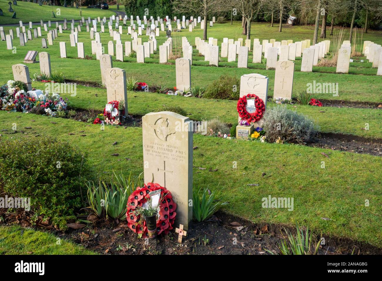 Aldershot Military Friedhof mit Gräbern der Britische und Commonwealth Soldaten und Frauen, Hampshire, UK. Gräber der Falkland-krieg getötet Stockfoto