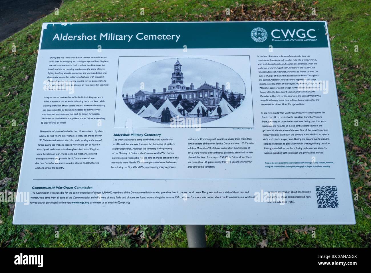 Aldershot Military Cemetery Information Board, Commonwealth Kriegsgräber Kommission, Hampshire, Großbritannien Stockfoto