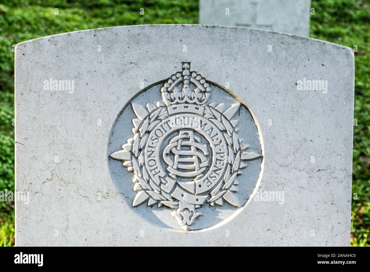 Armee Service Corps regimental Abzeichen emblem Crest auf einen Weltkrieg ein grabstein oder Grabstein, Großbritannien Stockfoto