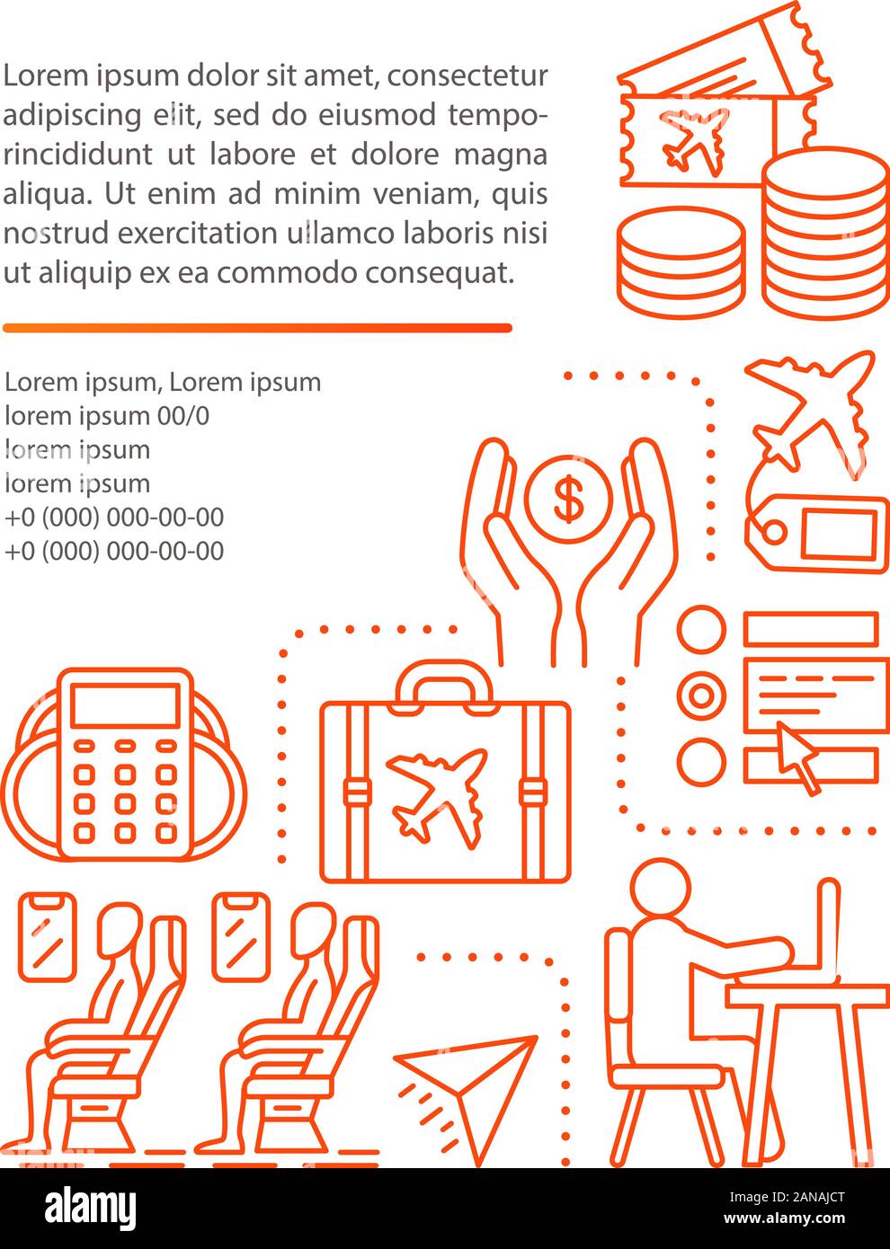 Billig Flug Artikel Seite vektor Vorlage. Niedrige Kosten, last minute Tickets. Broschüre Broschüre Design Element mit linearen Symbole und Textfelder. Drucken des Stock Vektor