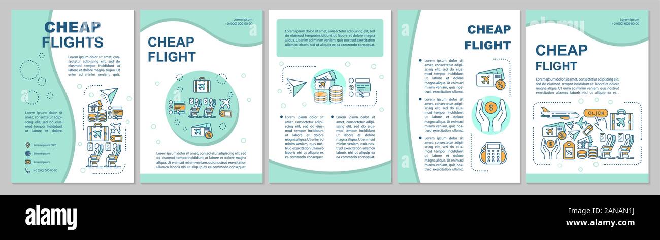 Billigflieger Broschüre Vorlage, Layout. Last Minute Reisen, preiswerte Tickets. Flyer, Broschüre, Prospekt print Design mit linearen Abbildungen. Vektor p Stock Vektor
