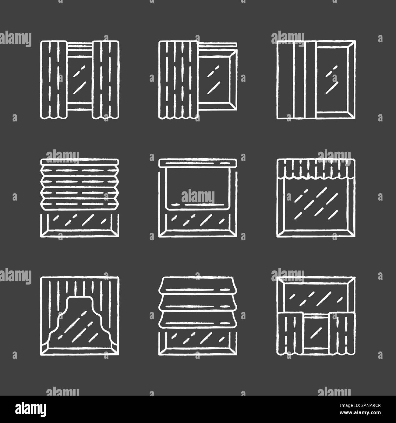 Fensterläden chalk Symbole gesetzt. Roller, römische Farbtöne, Panel, Girlanden, Volants. Motorisierte Jalousie. Haus und Büro Fensterdekoration. Home Interior sh Stock Vektor