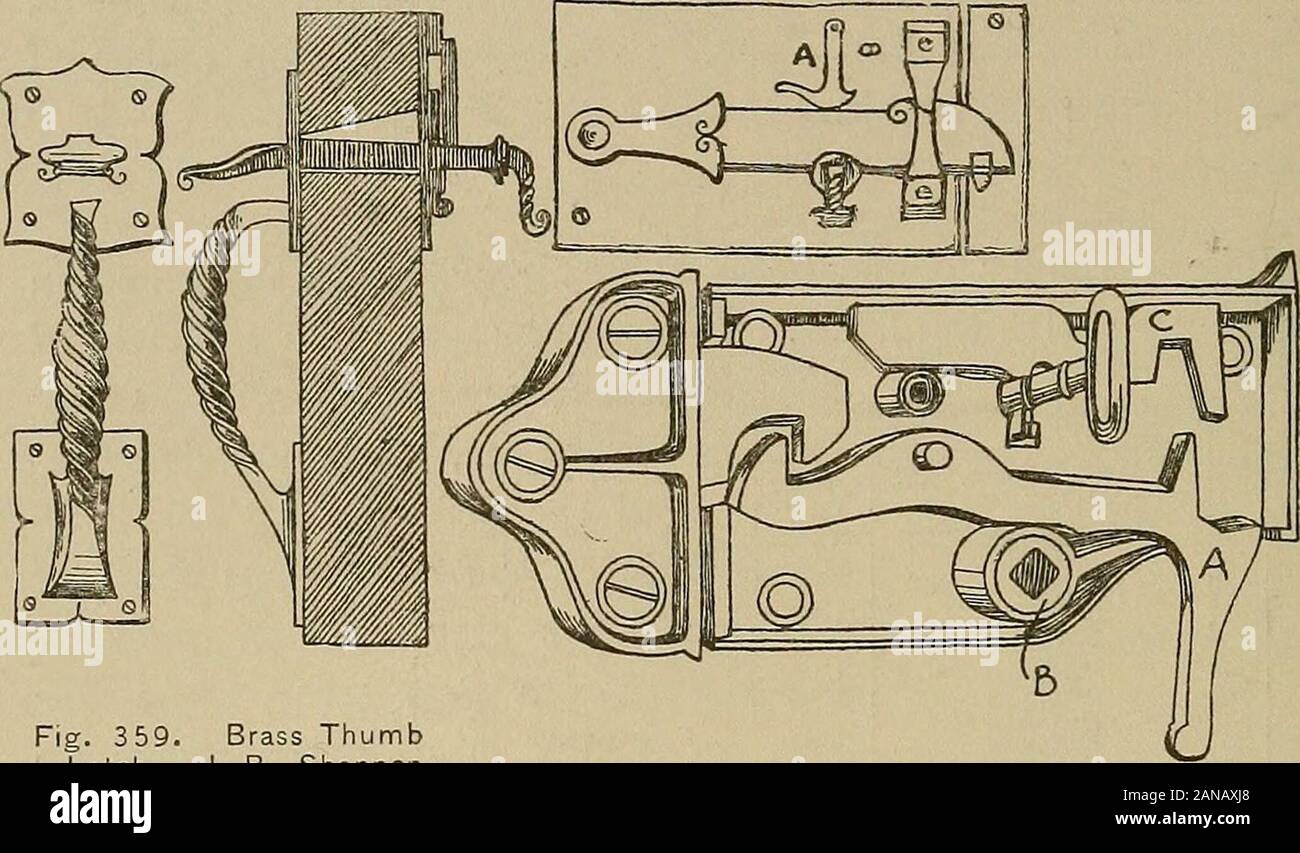 Die Hardware des Builder; ein Handbuch für Architekten, Bauherren und House furnishers. ng-Türverriegelung. Shannon ic Söhne. Bis zurück durch Druck auf den oberen Arm gezeichnet geschlossen bleiben. Abbildung 357 ist ein sehr einfaches rim Schiebetür Riegel; und Abbildung 358 ist eine sehr gute Felge Tür-Fang, ist self-acting, die hookbeing durch Anheben des Hebels ein, entweder direkt oder durch aidof der Spindel, B&lt; von der Außenseite der Tür; während Es islocked von innerhalb oder ohne, die Folie C bewegt wird so thatA kann nicht angehoben werden. Abbildung 359 ist eine von greatvariety von Stilen von Daumen-Verriegelung, ein sehr einfaches, altes - Mode Stockfoto