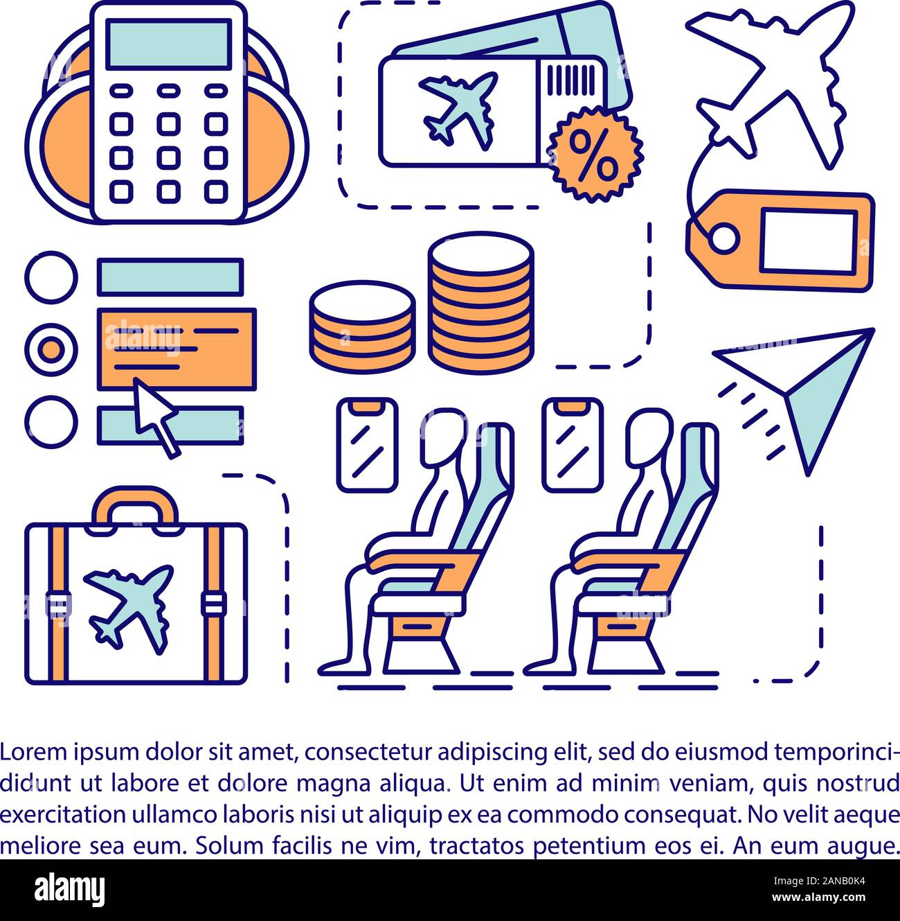 Billig Flug Artikel Seite vektor Vorlage. Economy Class Tickets. Broschüre, Zeitschrift, Broschüre Design Element mit linearen Symbole und Textfelder. Drucken d Stock Vektor