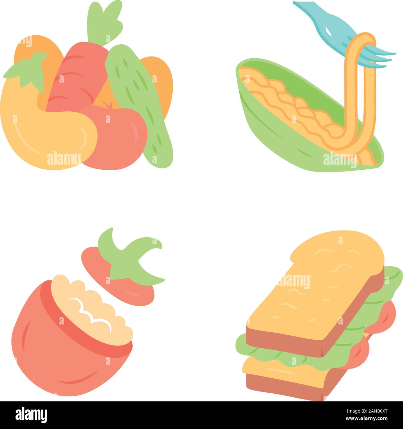 Nahrhafte Lebensmittel flache Bauweise lange Schatten farbige Symbole gesetzt. Gemüse, Pasta, gefüllte Tomaten, Sandwich. Cafe, Restaurant, Vorspeise. Gesunde Ernährung. Stock Vektor