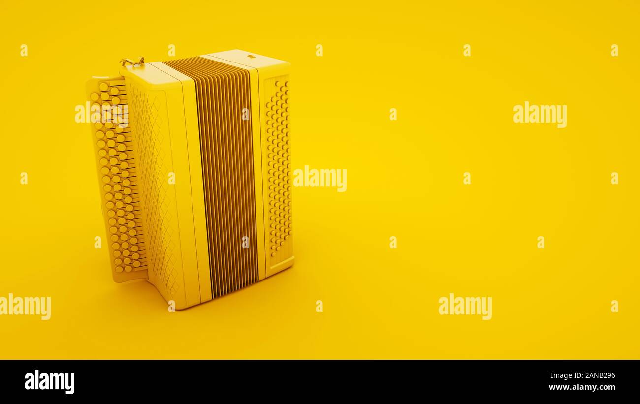 Akkordeon auf gelben Hintergrund. Russische Volkslieder Musikinstrument. 3D-Darstellung. Stockfoto