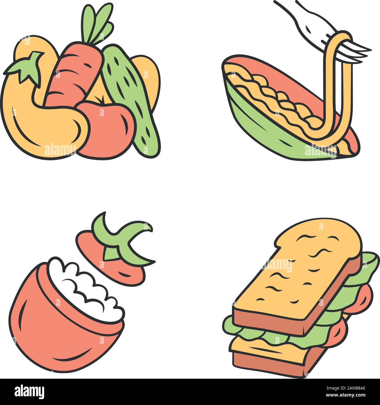 Nahrhafte Lebensmittel farbige Symbole gesetzt. Gemüse, Pasta, gefüllte Tomaten, Sandwich. Cafe, Restaurant, Snack, Vorspeise. Gesunde Ernährung. Salat, Spaghetti. Stock Vektor